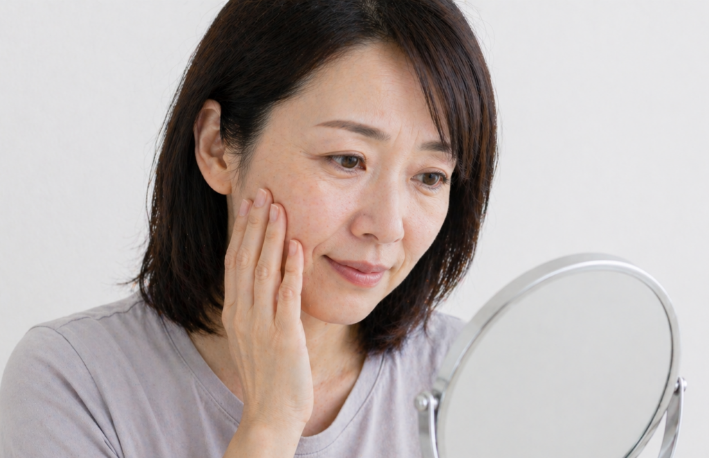 顔のしわ・たるみを気にして鏡を見る女性