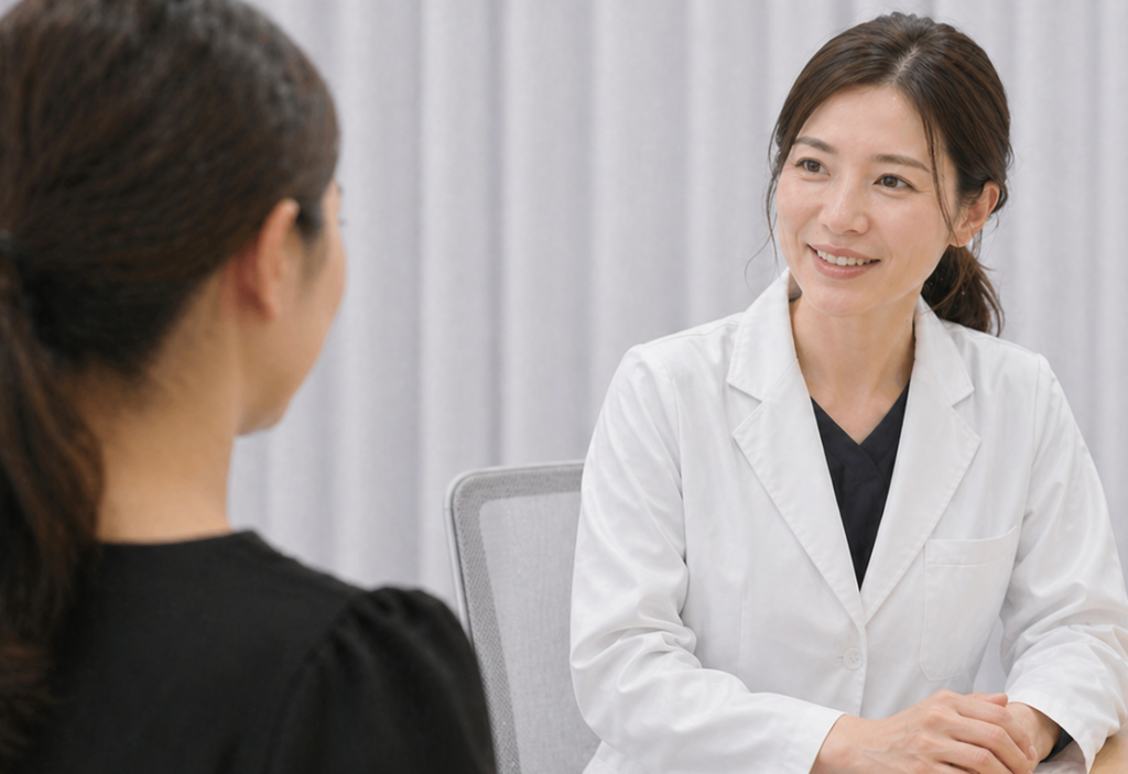 クリニックで診察を受ける患者と女性医師