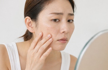 顔のシミを気にして頬を触っている女性