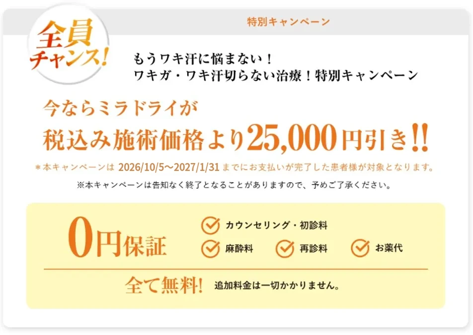 Limited-time offer: ¥25,000 off the regular miraDry treatment price (tax included)!