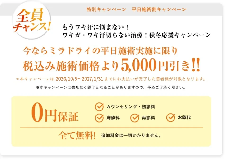 Weekday special: ¥5,000 off the regular miraDry treatment price (tax included) for weekday appointments only!